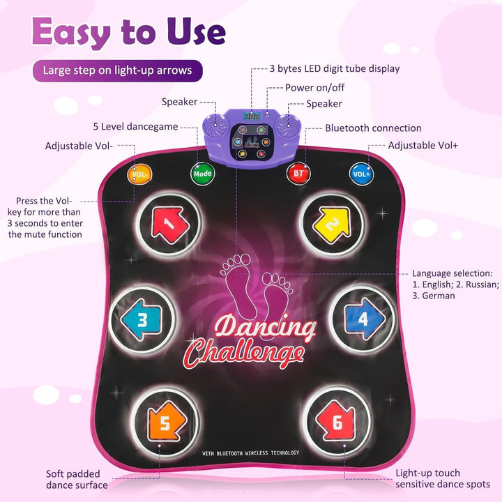 Tanzmatte für Kinder ab 3-12 Jahre, Musikmatte mit LED-Lichter, Kindertanzmatten mit 5 Spielmodi und