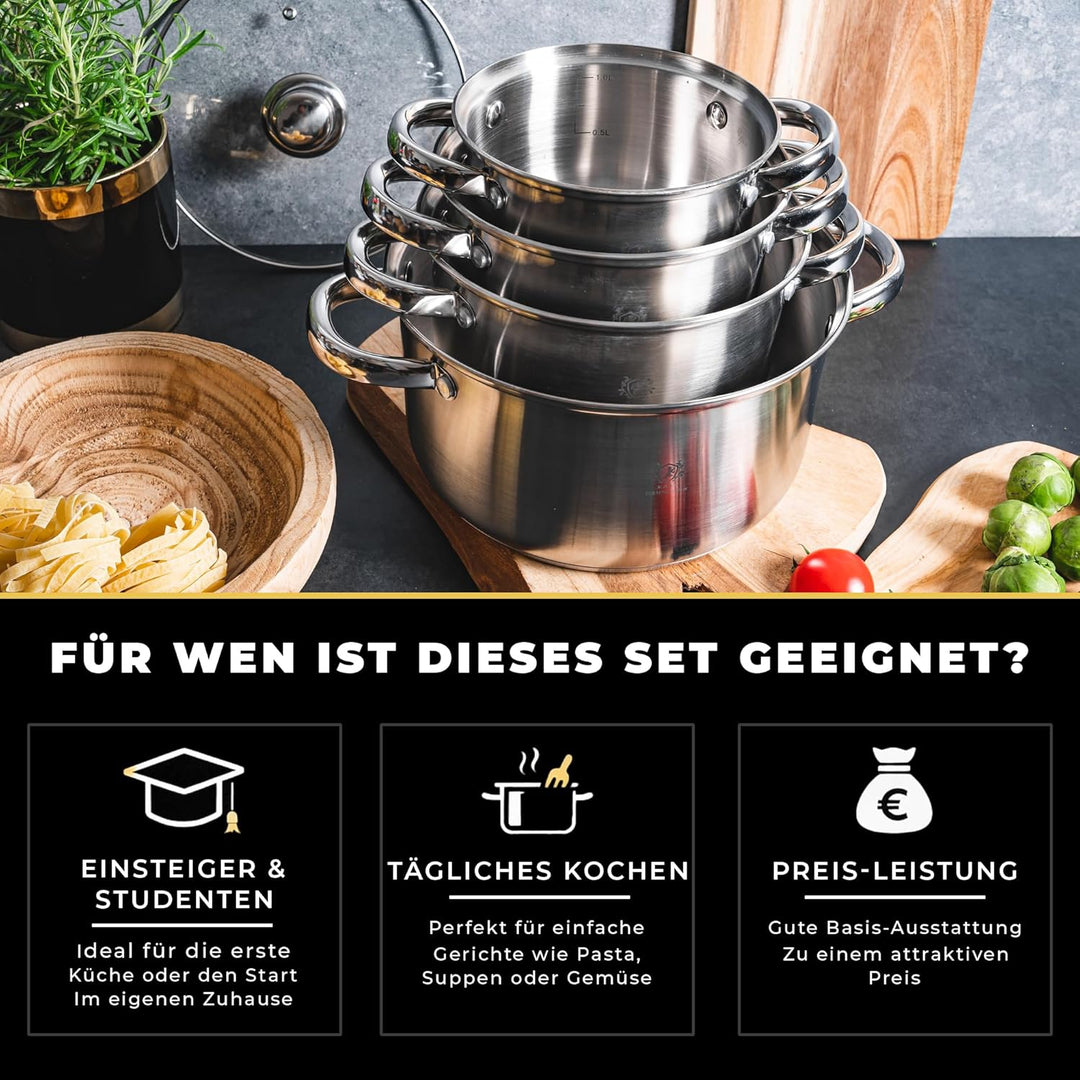 Topfset Induktion 5-teilig, Kochtopf Set mit Glasdeckel, Edelstahl mattiert, Induktions Töpfe Set un