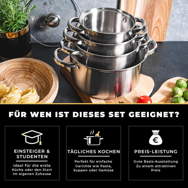 Topfset Induktion 5-teilig, Kochtopf Set mit Glasdeckel, Edelstahl mattiert, Induktions Töpfe Set un