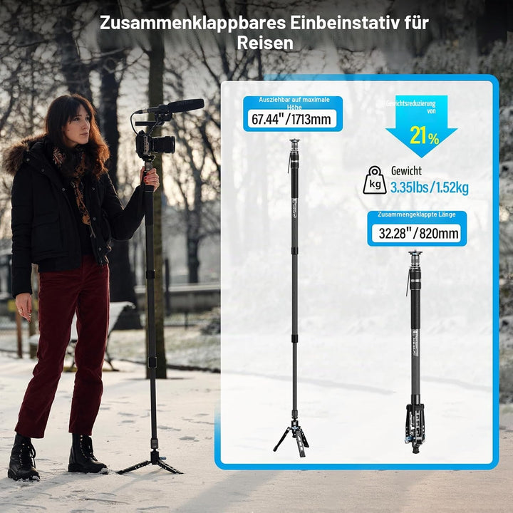 SIRUI SVM-165 Einbeinstativ Kohlefaser Kamera, 165cm Carbon monopod Rapid System Einstufige Höhenver