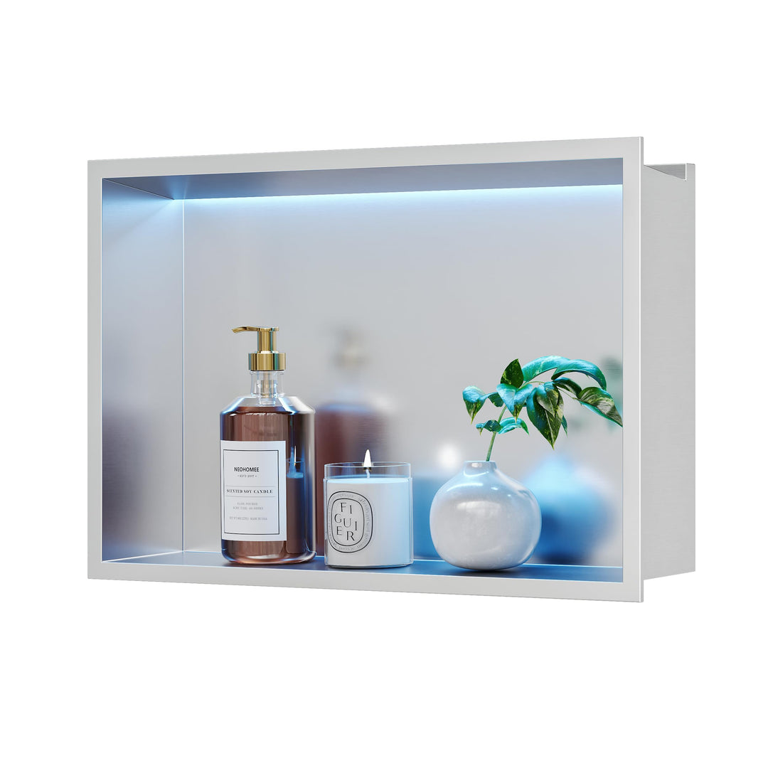 Wandnische Dusche Edelstahl mit RGB LED-Licht, Eingebettete Duschnische Einzelregal Lagerung mit Fer