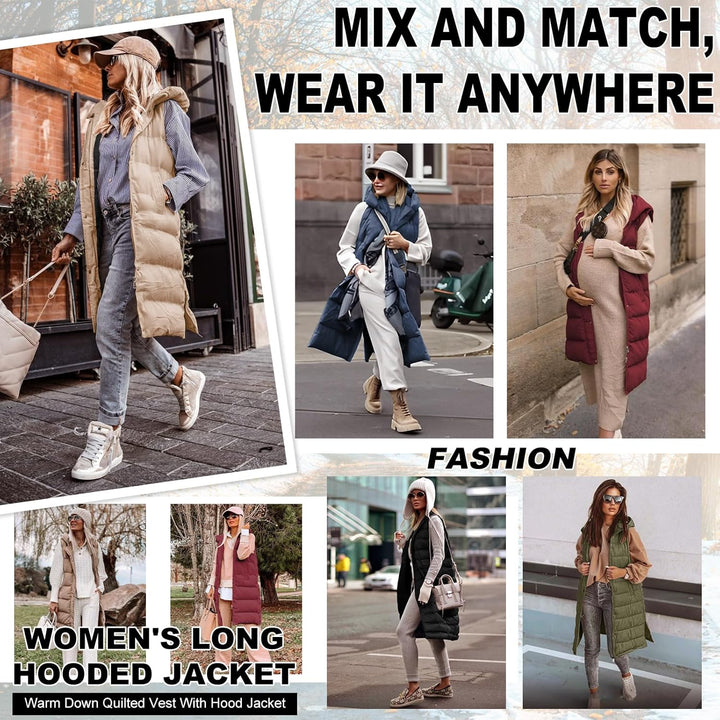 Yuson Girl Lange Jacke Weste für Damen Ärmellose Kapuzenweste Steppweste Damen Lang Winteroberbeklei