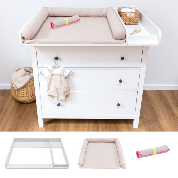 Wickelaufsatz Set für IKEA HEMNES – mit Aufsatz, Wickelauflage & Umrandung aus 100% Baumwolle (Pure
