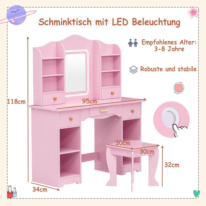 Clevich Schminktisch Kinder Set, Kinderschminktisch mit LED Beleuchtung, 5 Schubladen, 10 Staufächer