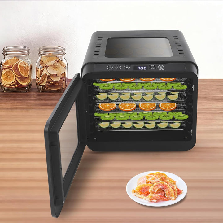 Dörrautomat Dehydrator Dörrgerät, Dörrautomatenmit 6 Edelstahl Schalen, Einstellbare Arbeitstemperat