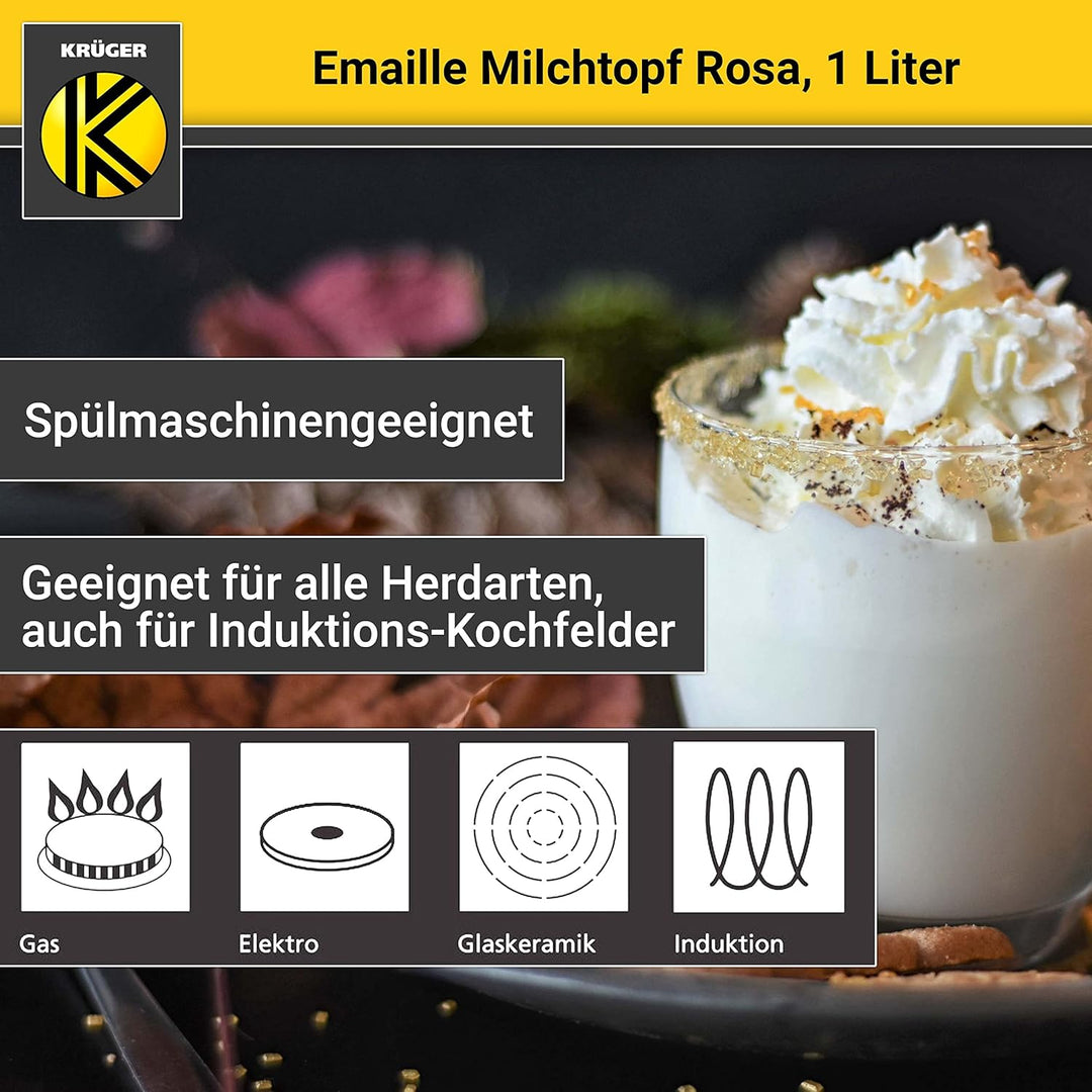 Krüger Emaille-Milchtopf Rosa 12cm, 1 Liter - Topf mit Vollkontaktboden für energiesparendes Kochen