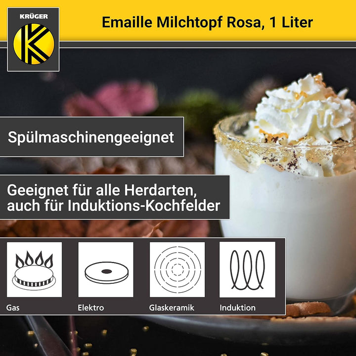 Krüger Emaille-Milchtopf Rosa 12cm, 1 Liter - Topf mit Vollkontaktboden für energiesparendes Kochen