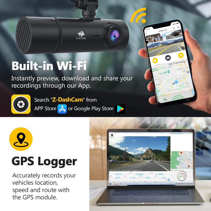 Z-Edge T3P 3 Kanal 4K Dashcam mit WiFi GPS, Vorne Innen Hinten 1600P+1080P+1080P, IPS Touchscreen, I