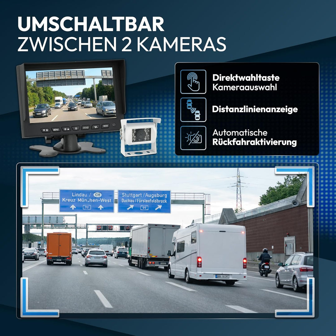 VSG24 Rückfahrkamera 7" Camper-Set inkl. Kamera, Monitor, Kabel - Wasserdicht Nachtsicht 12V-24V Ein