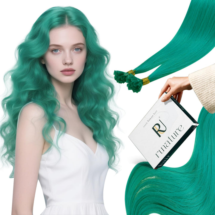 RUNATURE Bunt Bonding Echthaar Extensions Blaugrün 45cm Remy Keratin Haarverlangerung Echthaar Teal