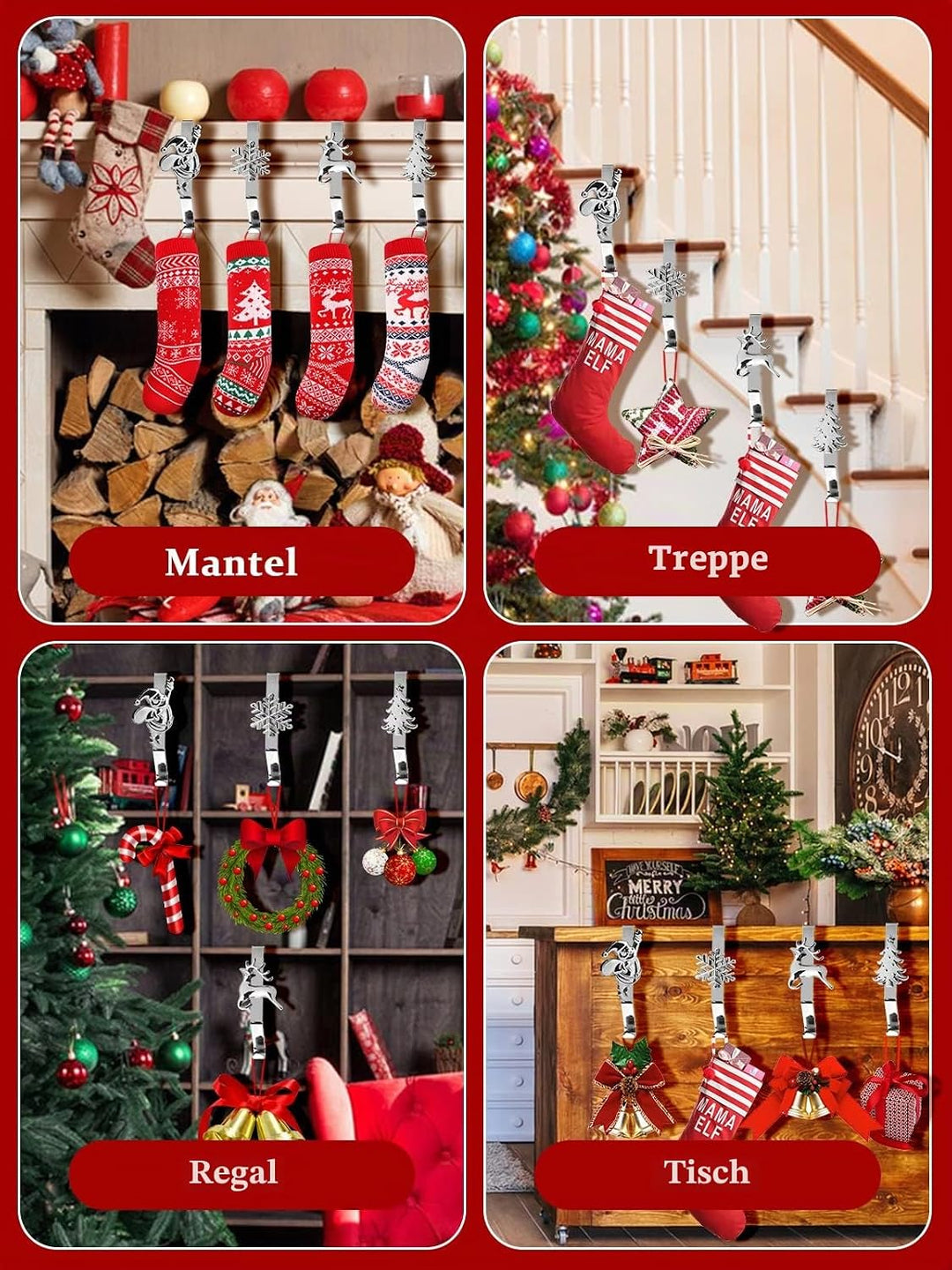 4 Stück Weihnachtsstrumpf Halter für Kamin, Kalolary 4 Stile Weihnachtsstrumpfhalter für Kaminsims R