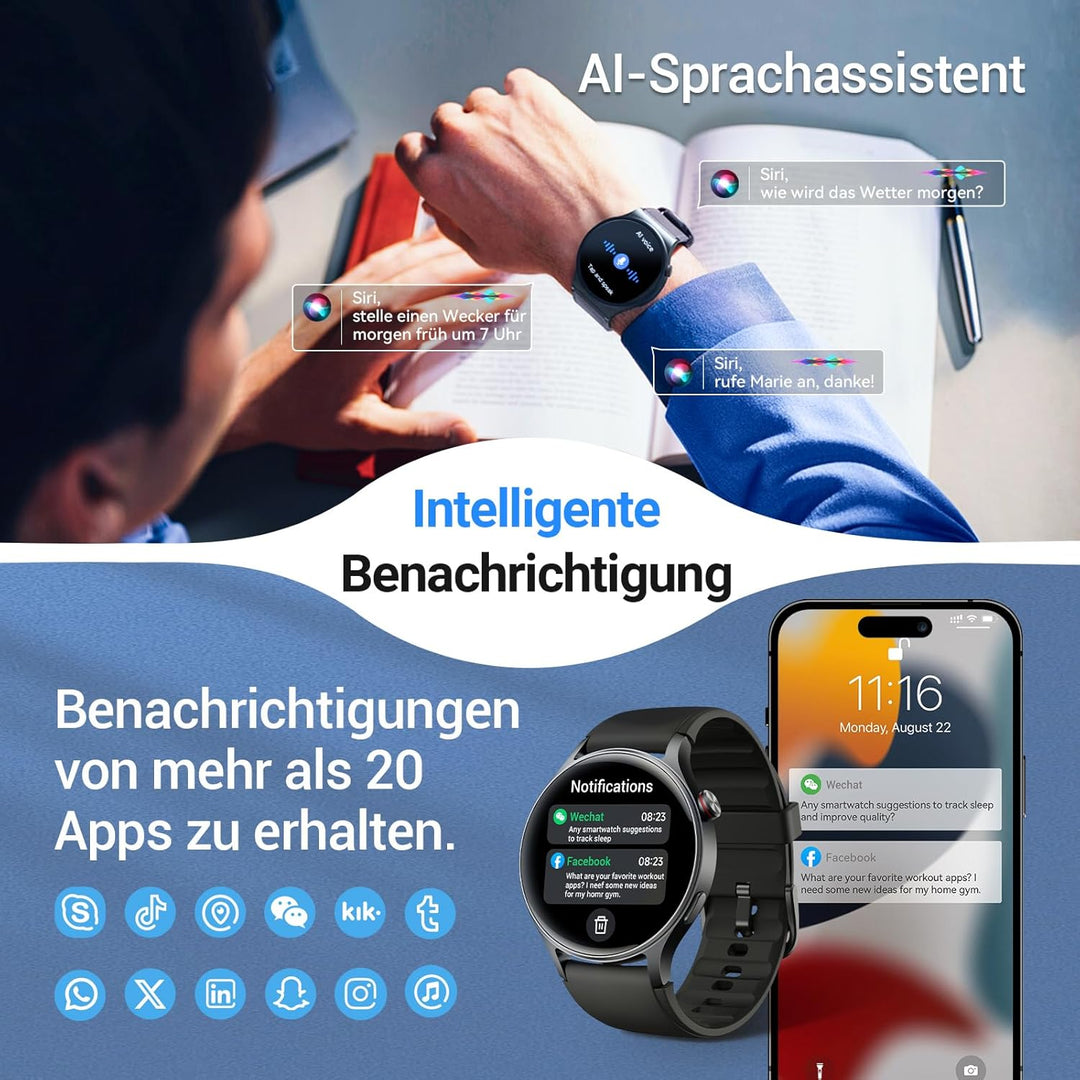 Smartwatch Herren Rund mit Telefonfunktion- 1.32" AMOLED Display, Fitnessuhr mit 110+ Sportmodi &3AT