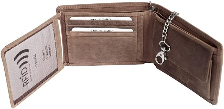 orso Bruno original Geldbörse braun mit Kette im schönen Büffel Leder Querformat Bikerbörse mit Kett