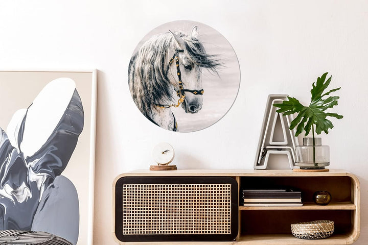 MuchoWow Wandbild Rund Wanddeko Deko Wohnzimmer Bilder 60x60 cm Pferd - Weiss - Gold, 60x60 cm
