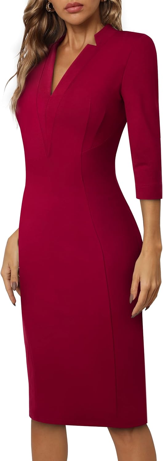 HOMEYEE Damen Elegant V-Ausschnitt 3/4 Ärmel Cocktail Retro Bodycon Bleistiftkleid Business Midi Etu