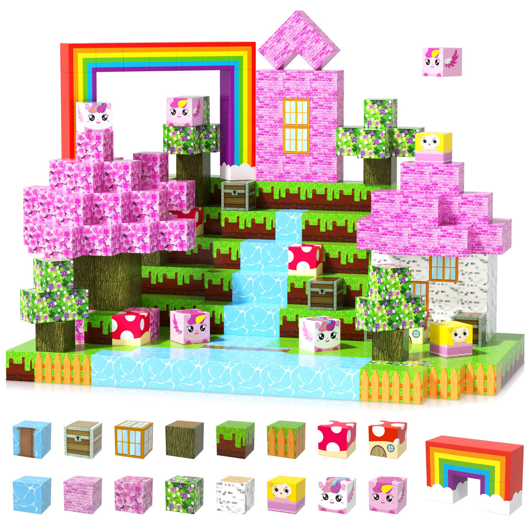 Magnetische Bausteine 100PCS - Baue Dein Magisches Einhorn mit Wald, Tieren, Prinzessin & Schloss! F