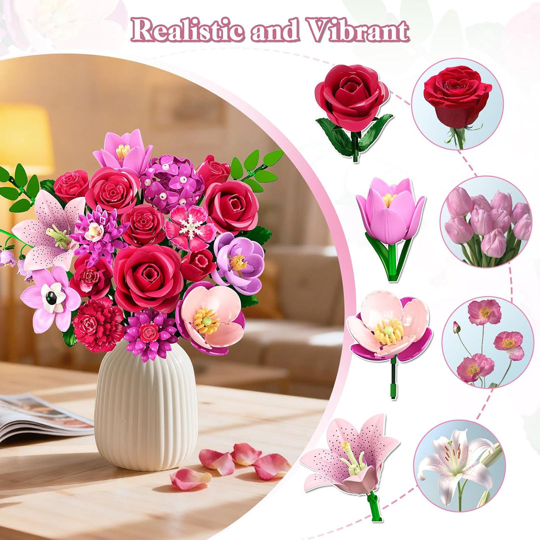 CUBIMANA Blumen Blumenstrauss Set mit LED für Erwachsene Frauen Mädchen 12+ Rosarot, Rosarot