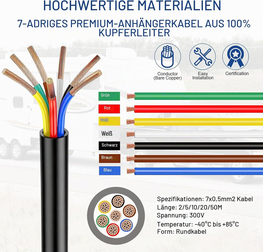 Rundes 7-adriges Kabel, 7 x 0,5 mm² Anhängerkabel 5 m, 12 V/24 V, schwarz, Automobildraht für Anhäng
