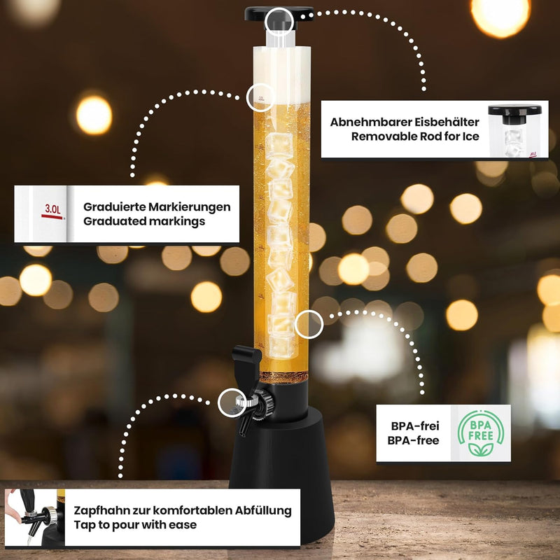 Jago® Biersäule mit Zapfhahn - 3.5L Volumen, 90cm hoch, Füllstandsanzeige, mit Ständer, BPA-frei, LF