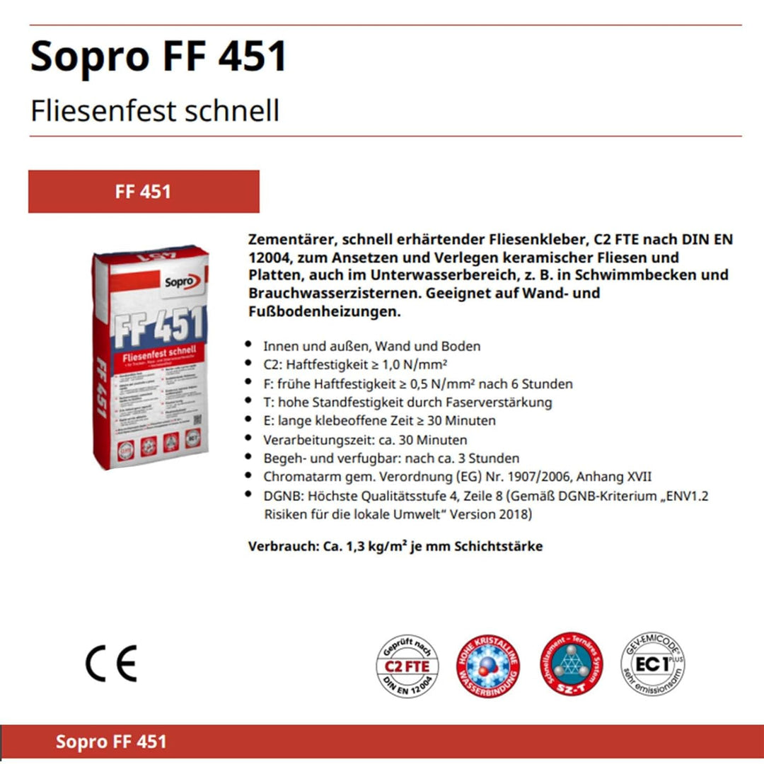 Sopro FF 451 25 kg Fliesenkleber Fliesenfest Flexkleber schnell Kleber Grau Zement Paste Wasserfest