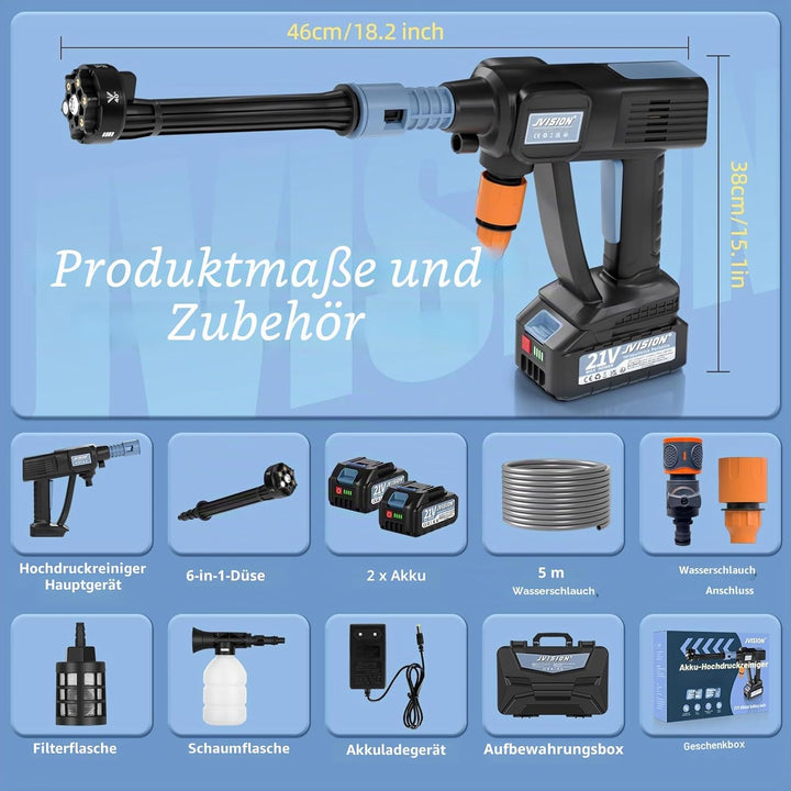 JVISION Akku Hochdruckreiniger Mobiler mit Wasserhahnanschluss & 2X 4000mAh Akku, Kabelloser Pressur