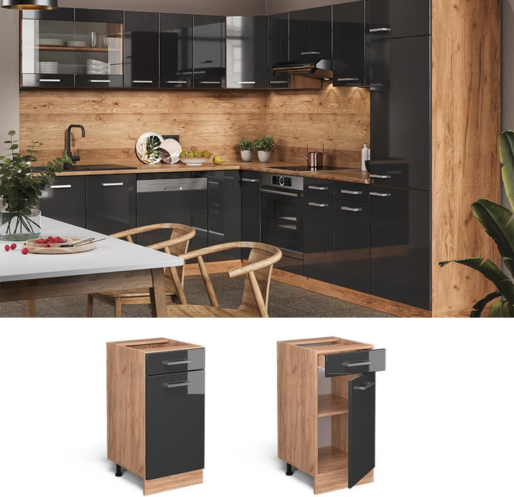 Vicco Küchenunterschrank R-Line, Anthrazit Hochglanz/Goldkraft Eiche, 40 cm ohne Arbeitsplatte Anthr