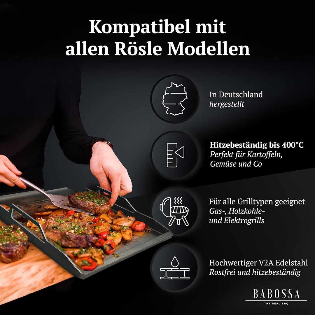 BABOSSA Premium Einsatzpfanne/Plancha kompatibel mit allen Rösle Modellen | 45x23.5cm | Massiv, verz
