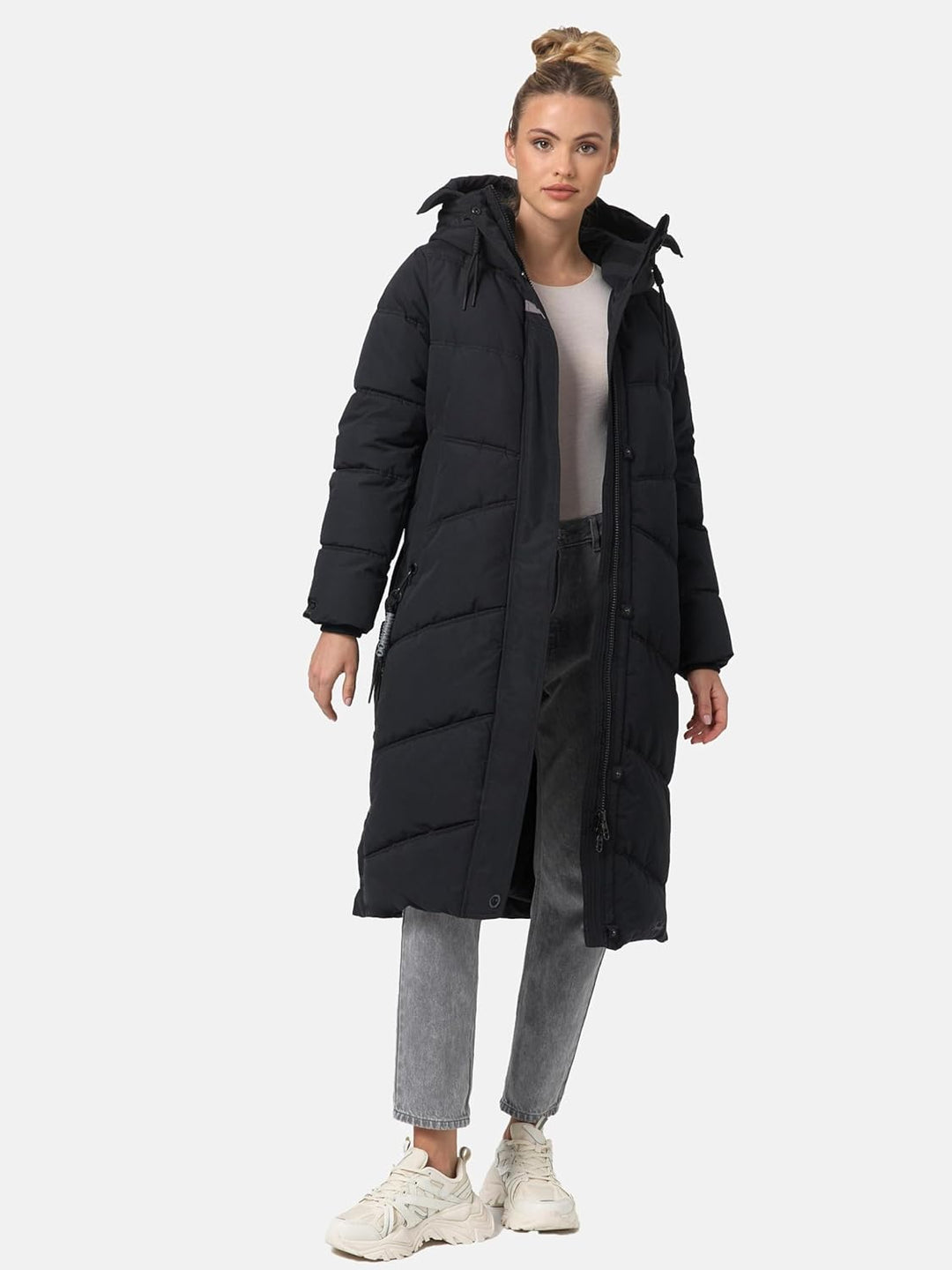 Navahoo Damen Wintermantel Warmer Steppmantel lang mit Kapuze Kuschelmausi S-XXL L Schwarz, L Schwar