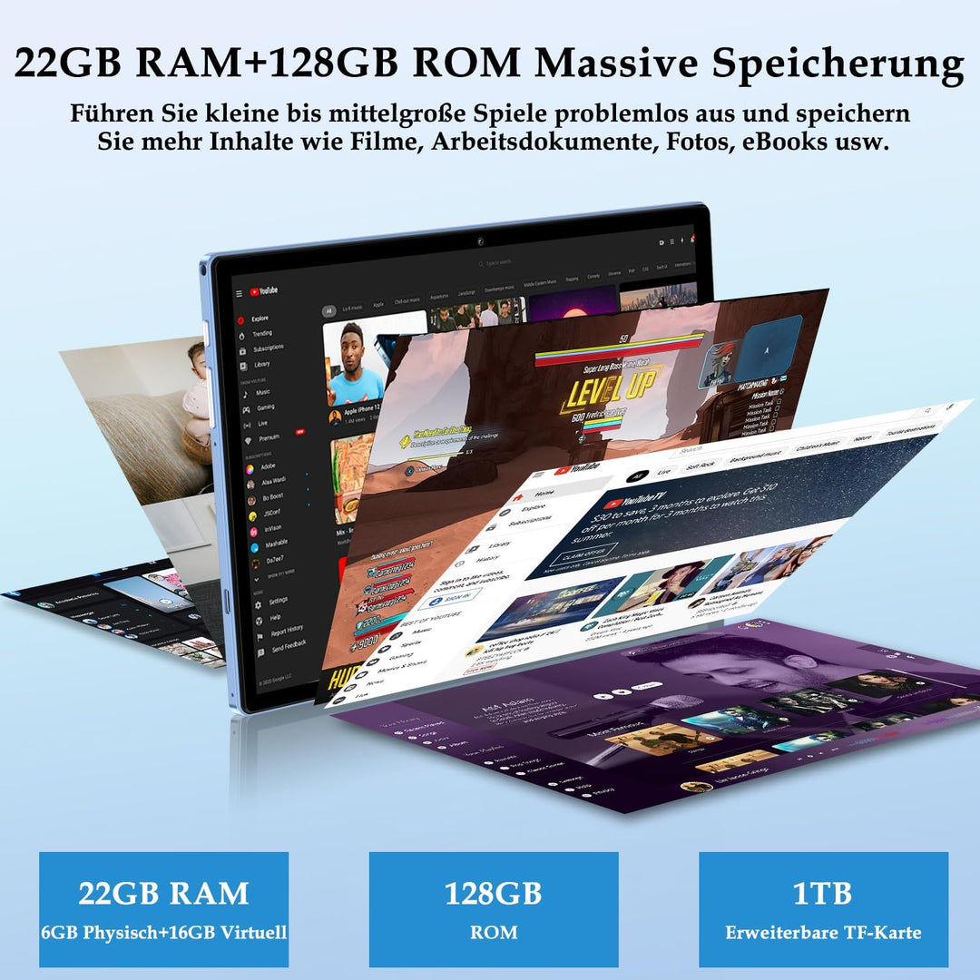 ZIOVO Android Tablet 10 Zoll Gemini AI mit 22GB RAM+128GB ROM(TF 2TB), 5G WiFi, Octa-Core 2.0GHz, Wi
