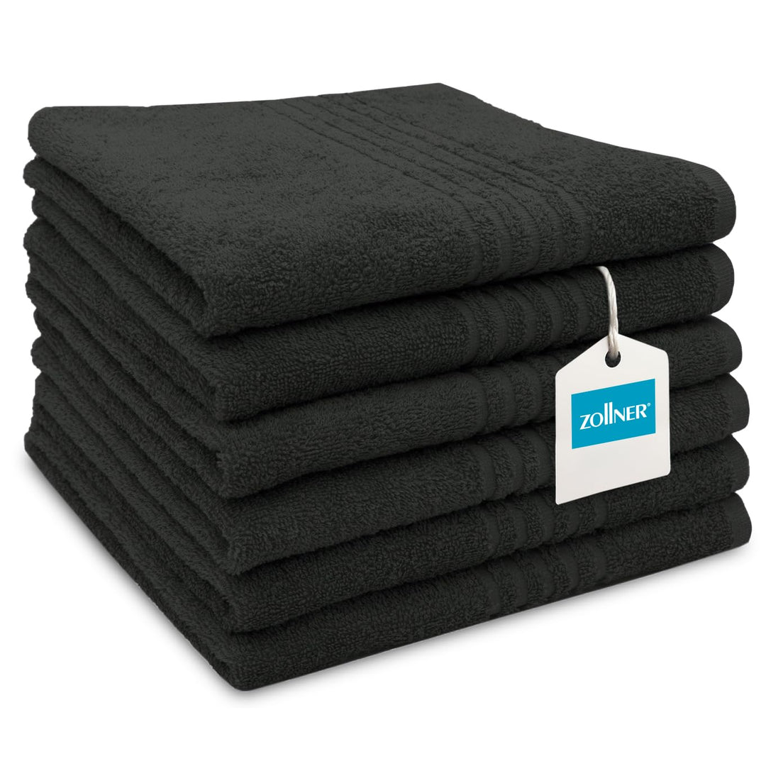 ZOLLNER 6er-Set Handtücher mit 5 Tiefgangstreifen, 50x70 cm, Baumwolle, schwarz 50 x 70 cm Schwarz,
