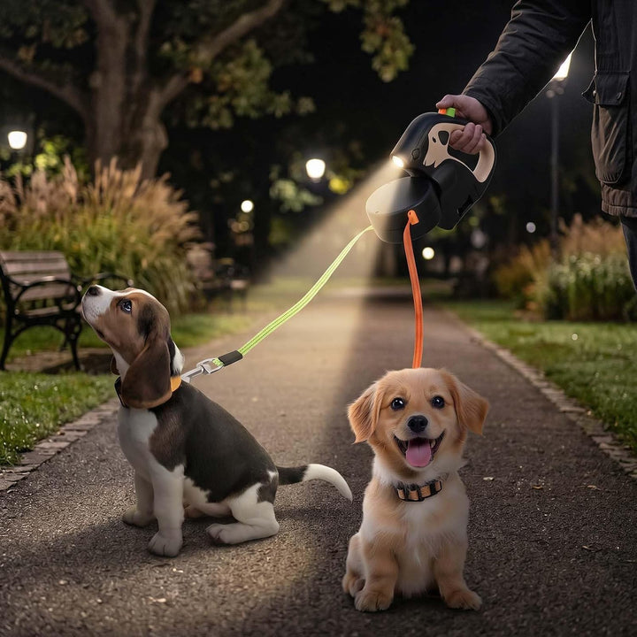 Doppelte Einziehbare Hundeleine, Doppelleine für 2 Hunde, 360° Drehung Hund Versenkbar Leine mit LED