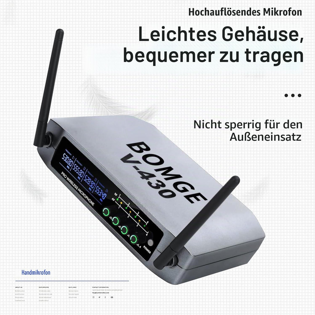 BOMGE Kabelloses Mikrofonsystem, Pro 4-K schnurloses Mikrofon-Set mit vier Handmikrofonen, Festfrequ