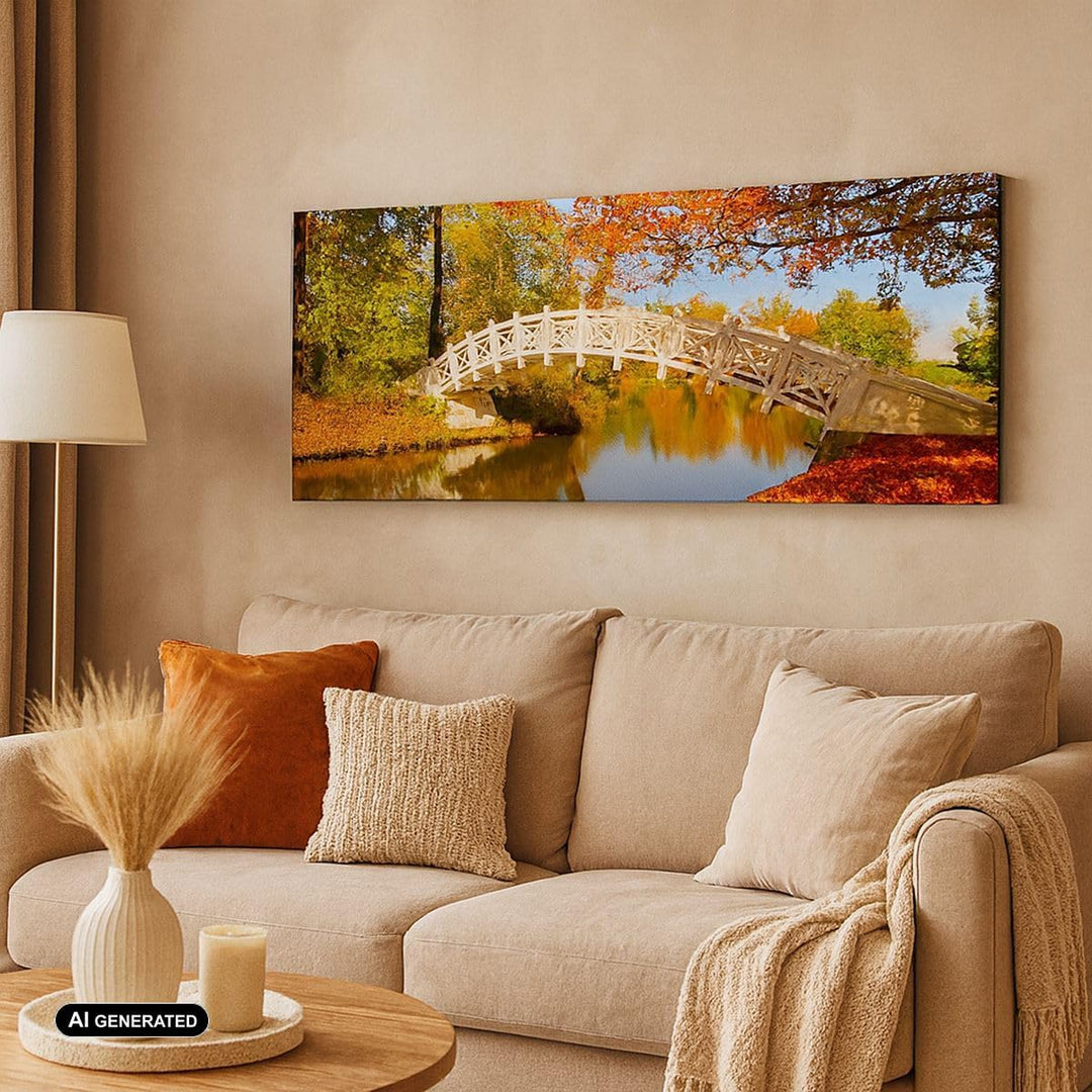 Wandbilder Dekoration Wohnzimmer Stream Fussgängerbrücke Herbst Panorama Bilder auf Leinwand 120x50c