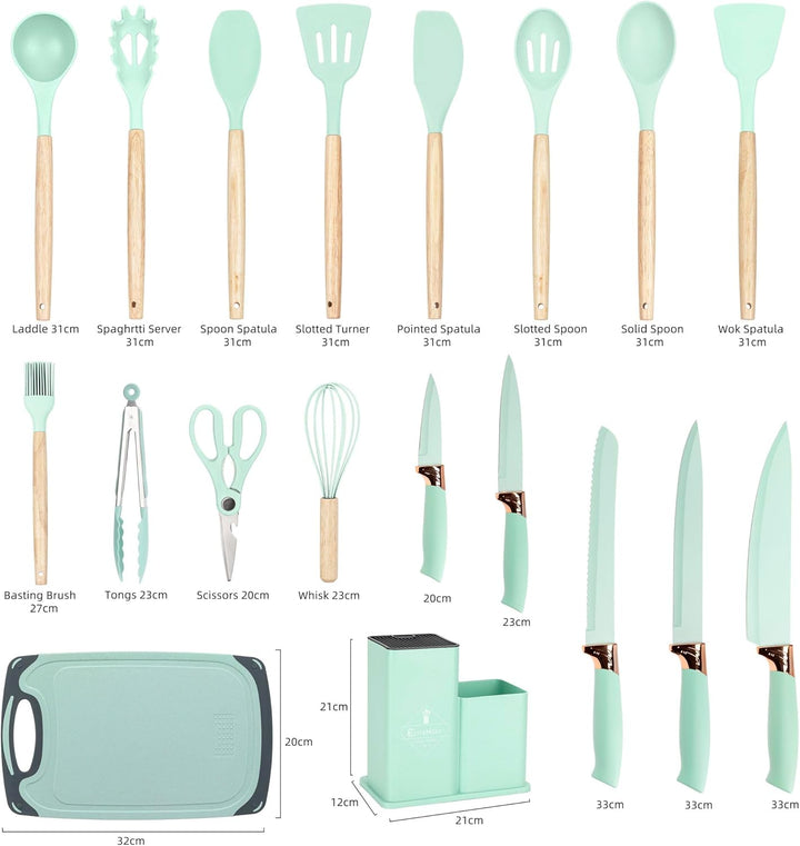 EliteHoff Küchenmesser-Set 19-teilig – Silikon-Küchenutensilien-Set mit Holzgriffen, 5 Messer, 12 Ko