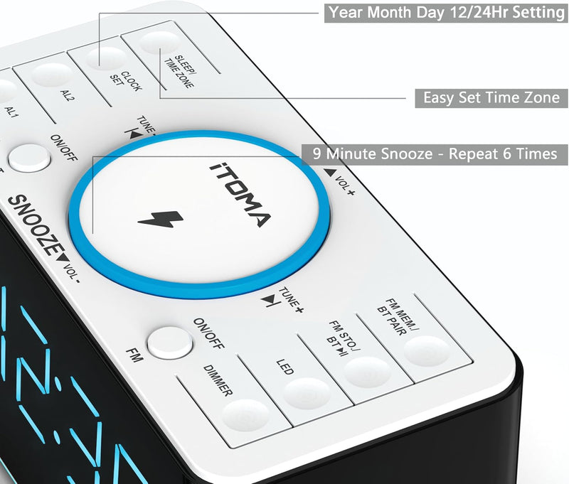 iTOMA Radiowecker, 15 Watt kabellose Ladegerät, APP-Steuerung, Bluetooth, USB-Anschluss, Dual-Alarm,