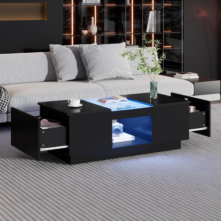 Merax Couchtisch LED Hochglanz, Mitteltisch Teetisch für Wohnzimmer, Schwarz Wohnzimmertisch mit 2 S