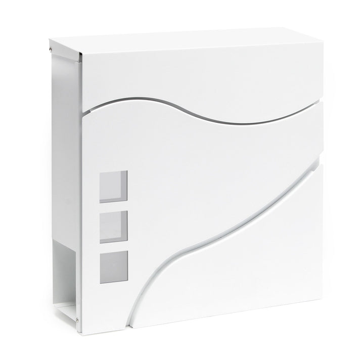 Wiltec Designer Briefkasten V28 weiss 370 x 105 x 370 mm, Wandbriefkasten mit Schloss, Sichtfenstern