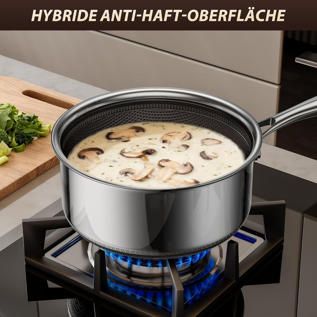 Kochtopf mit Deckel Hybrid 16cm/1.1L, Stielkasserolle Induktion Antihaft, Kühl bleibender Griff, Spü