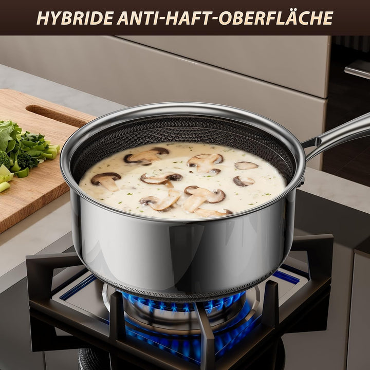 Kochtopf mit Deckel Hybrid 16cm/1.1L, Stielkasserolle Induktion Antihaft, Kühl bleibender Griff, Spü