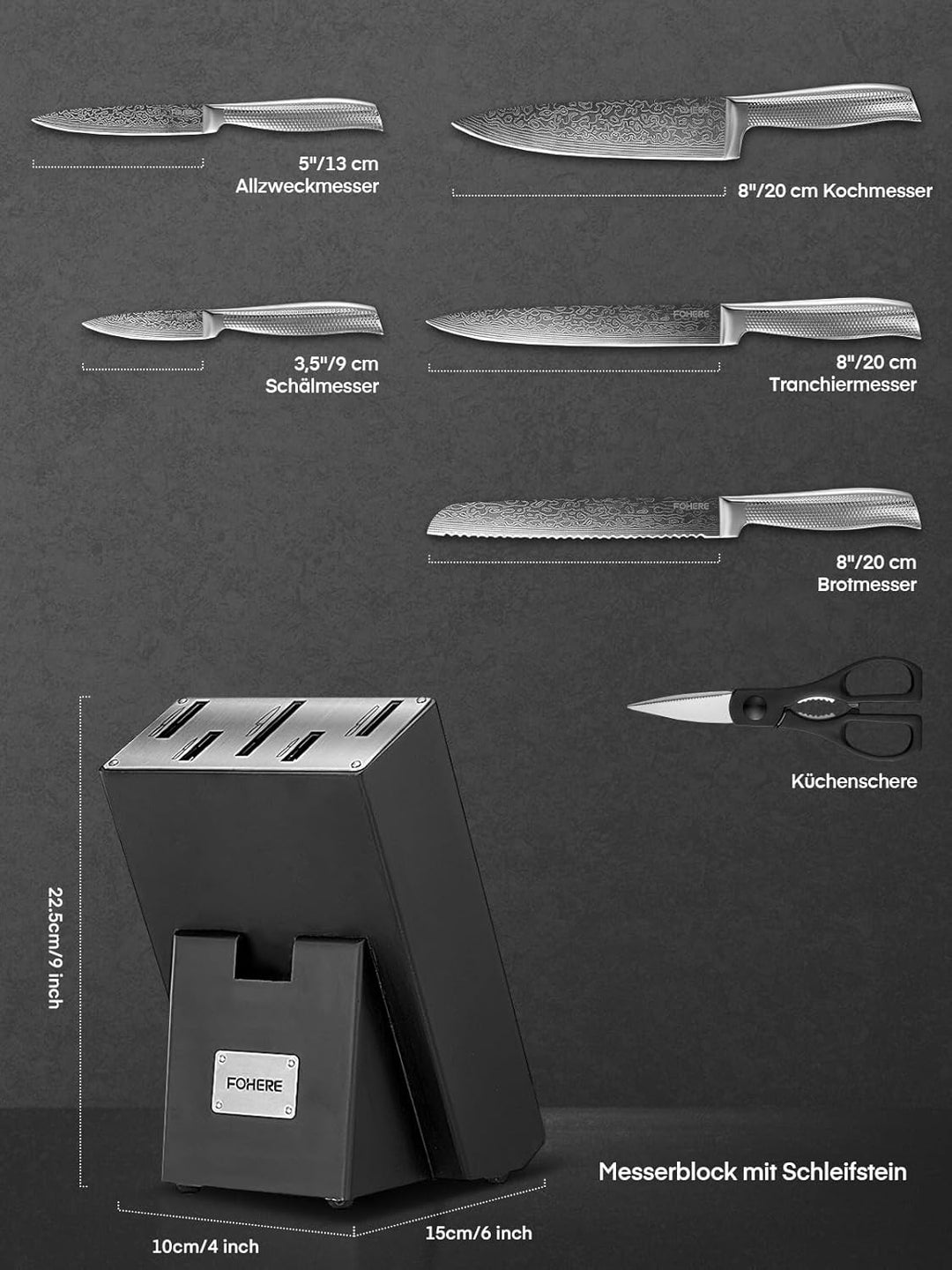 FOHERE Messerblock, 7-teilig Selbstschärfender Messerblock mit Messer, Scharfes Messerset mit Holzbl