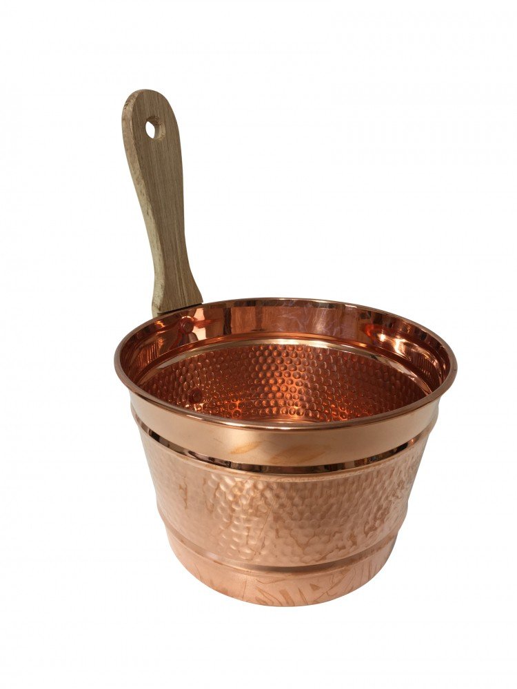 CopperGarden Saunaeimer aus blankem Kupfer I Schwalleimer mit Wandhalterung aus Holz I Handgeschmied