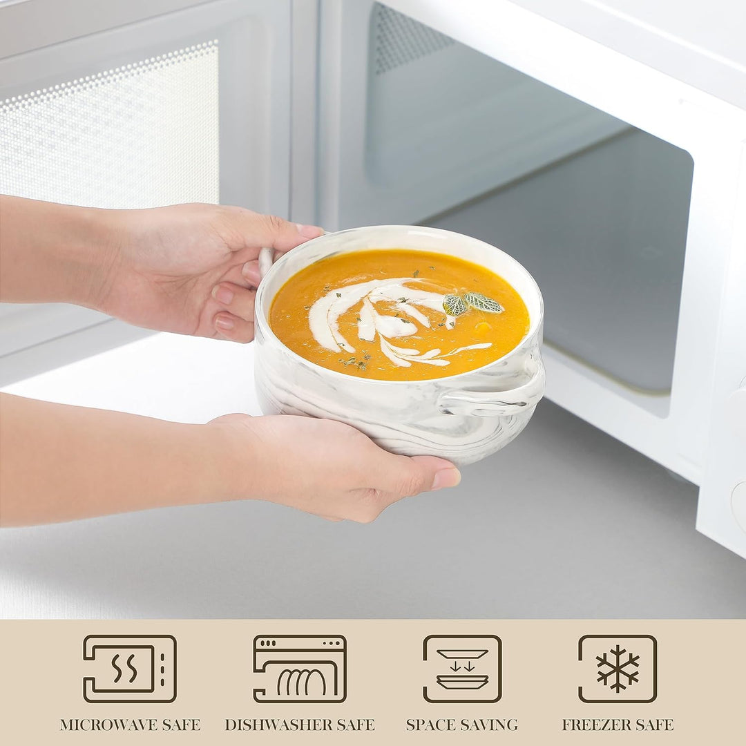 MALACASA Suppenschalen mit Griffen, 800 ML Porzellan Suppenschalen Set von 4, Elfenbein weiss servie