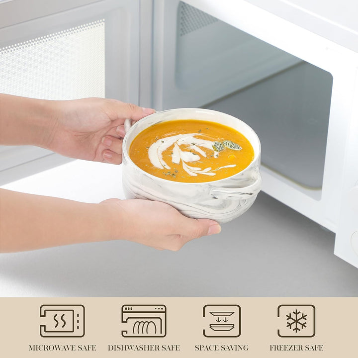 MALACASA Suppenschalen mit Griffen, 800 ML Porzellan Suppenschalen Set von 4, Elfenbein weiss servie