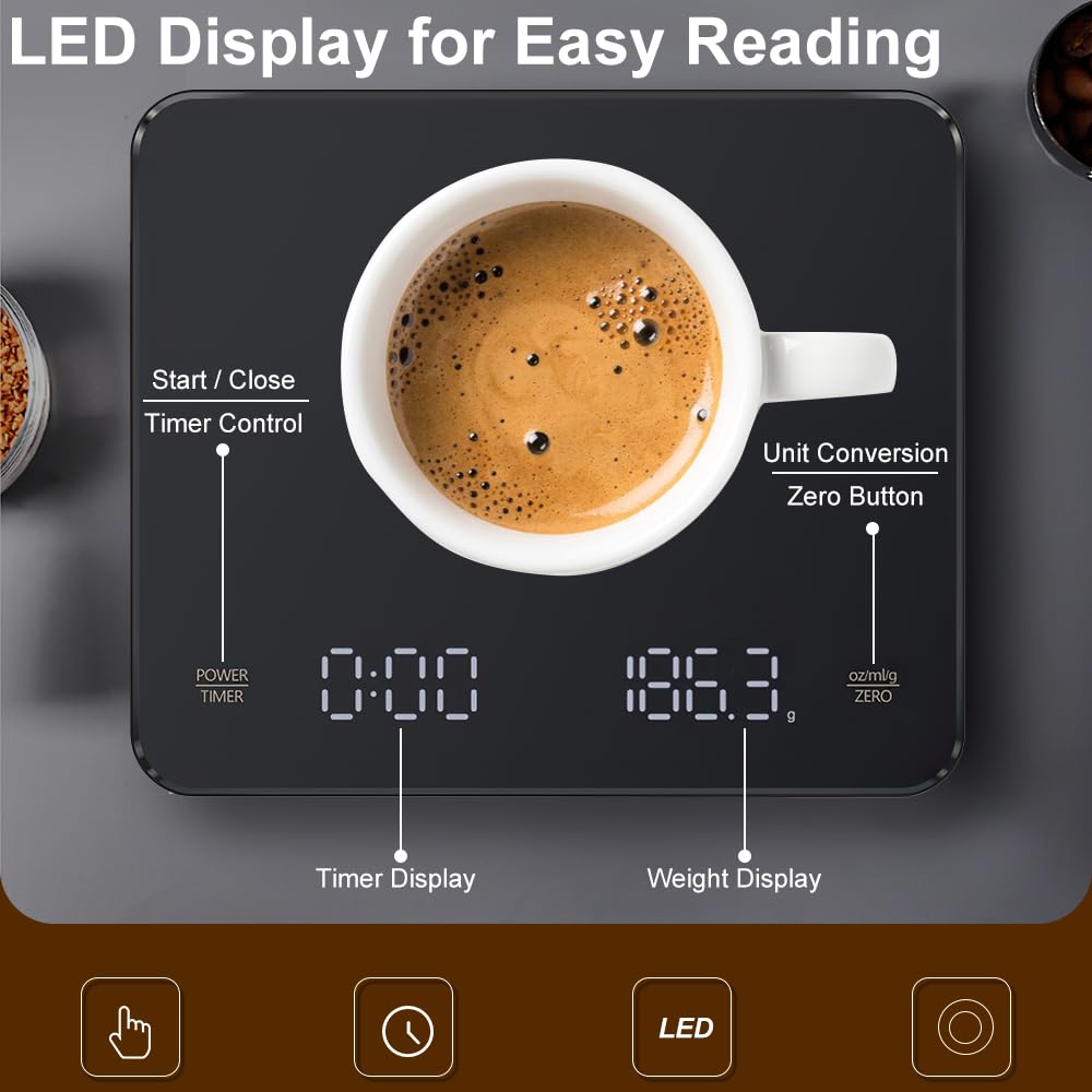 OBEST Mini Kaffeewaage mit Timer, 3kg/0.1g Hochpräzise Wiederaufladbare Digitale Kaffeewaage,Tragbar