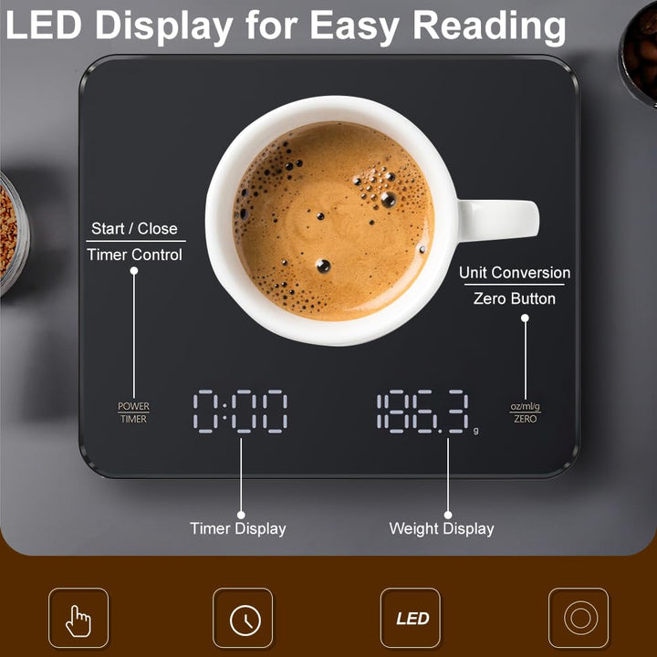 OBEST Mini Kaffeewaage mit Timer, 3kg/0.1g Hochpräzise Wiederaufladbare Digitale Kaffeewaage,Tragbar