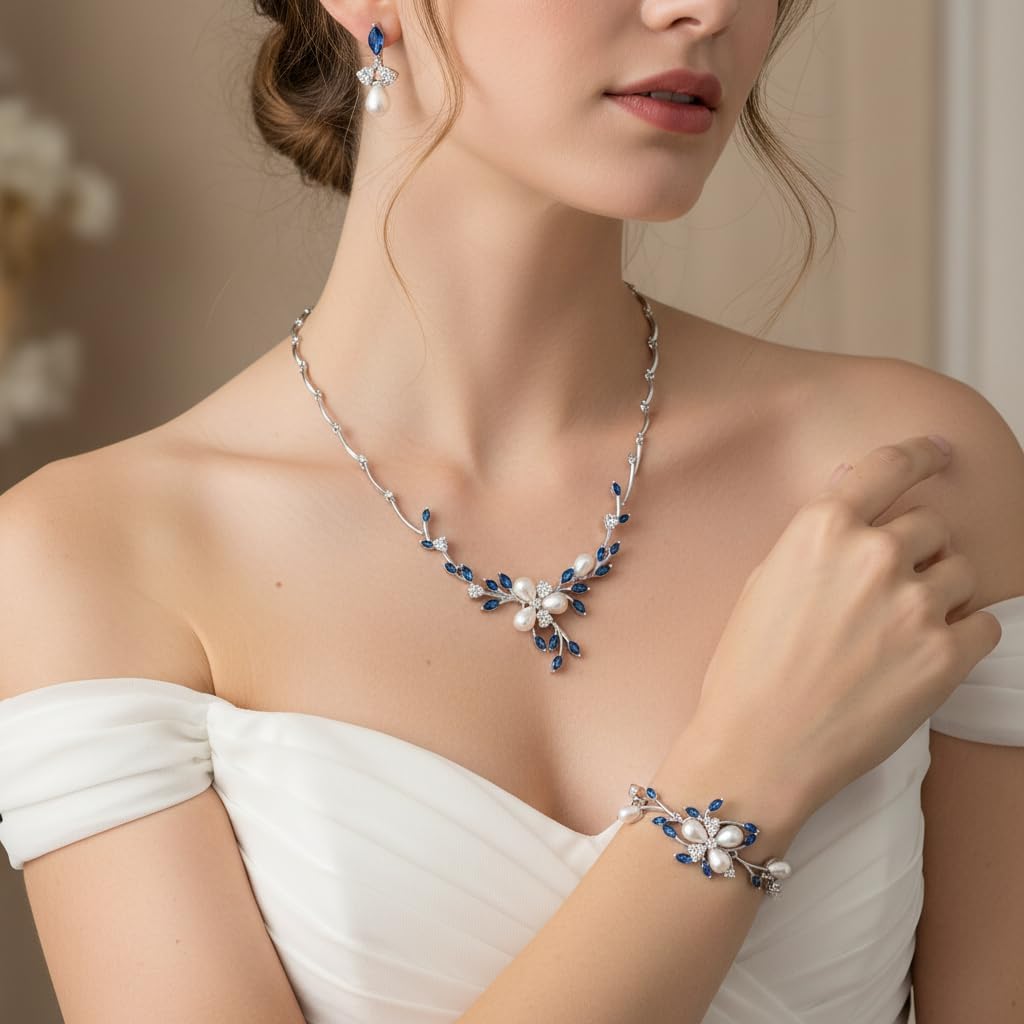 EVER FAITH Zirkon Simulierte Perle Blume Blatt Filigrane Halskette Ohrringe Armband Set Klar Blau Si