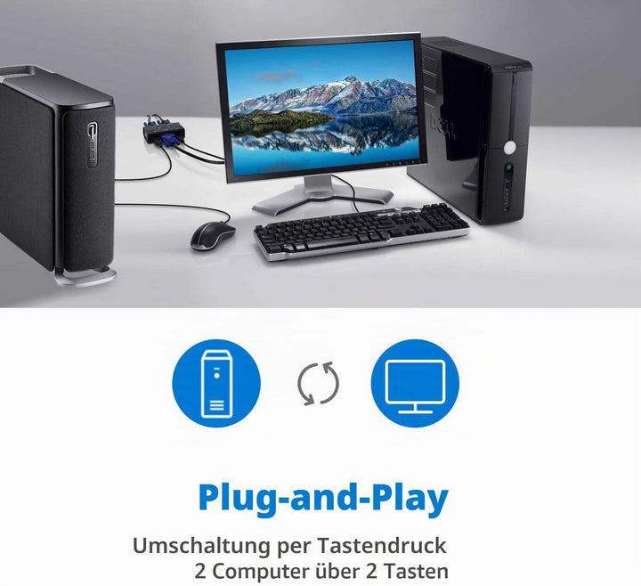 TCNEWCL 2 Port KVM Switch VGA mit 2-in-1 Kabel, VGA USB KVM Switcher 2 PCs 1 Monitor, mit 3 USB 2.0