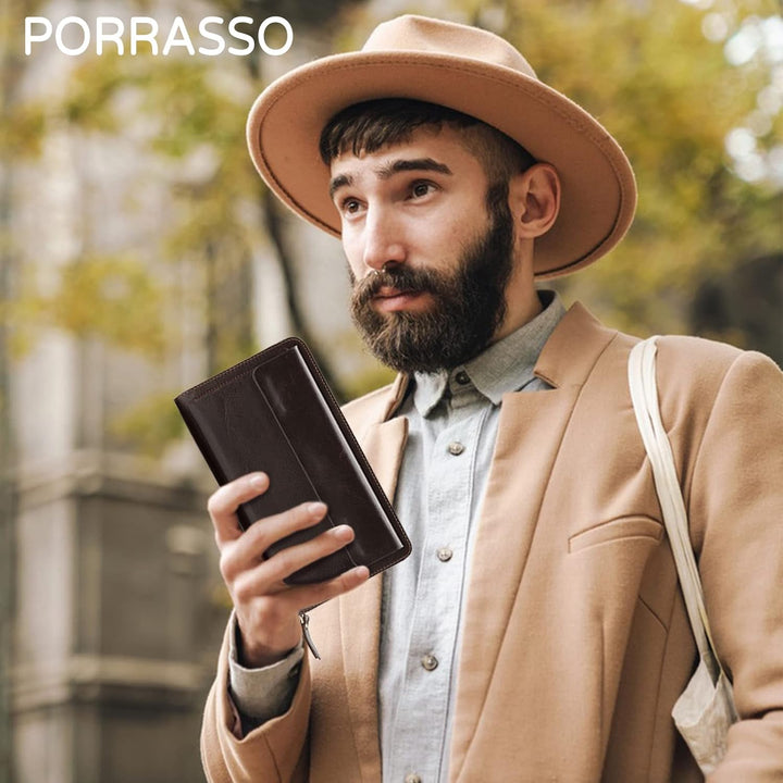 PORRASSO Herren Geldbörse Leder Clutch Tasche Kreditkartenetui Brieftasche Handytasche Portemonnaie