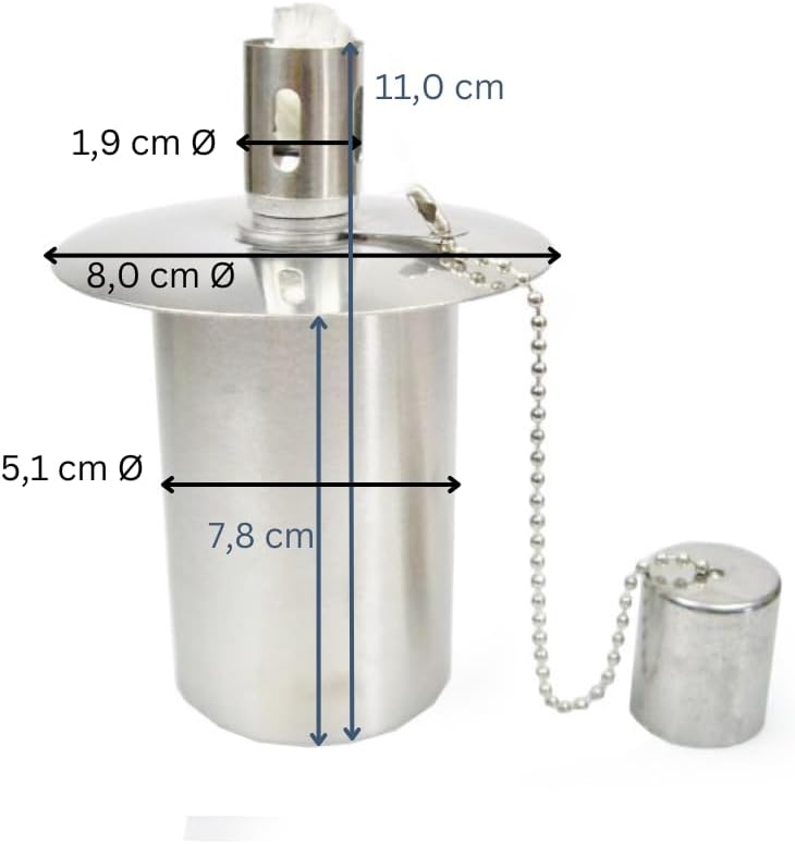 Edelstahl-Ölbehälter für Gartenfackeln & Brenner – 115 cm³ – Mit Kindersicherung – Ø 5,1 cm – TÜV-ge