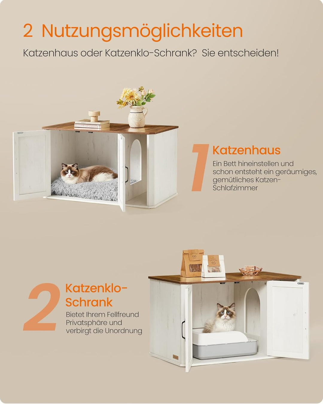 Feandrea Katzenhaus, Katzenklo-Schrank modern, Vordereingang, mit Doppeltür und Griffen, als Sideboa